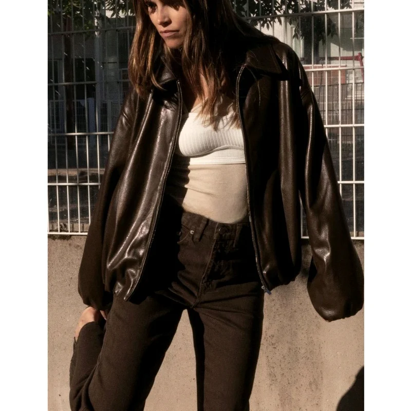 Chaqueta de Piloto de Cuero PU de Manga Larga Hoada para Mujer, Estilo Nuevo de Otoño, Ropa Exterior Informal de Moda, Chaq...