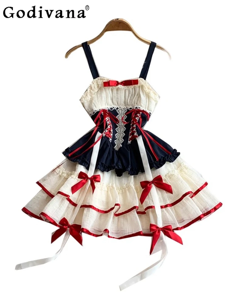 

Elegant Sweet Princess Lolita cute Bow short Suspender Dress Girls Summer Lace-up Sexy Square Collar Korean A-line Cake Dresses