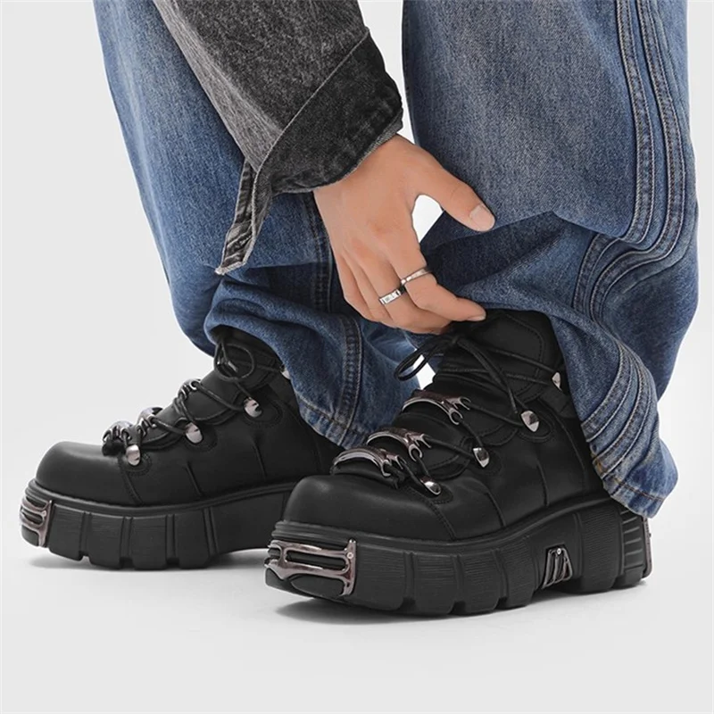 Punk Style Women Black Platform Shoes Metal Decor Lace-up Woman New Rock Boots Gothic Black Leather Women Sneakers Botas 2026