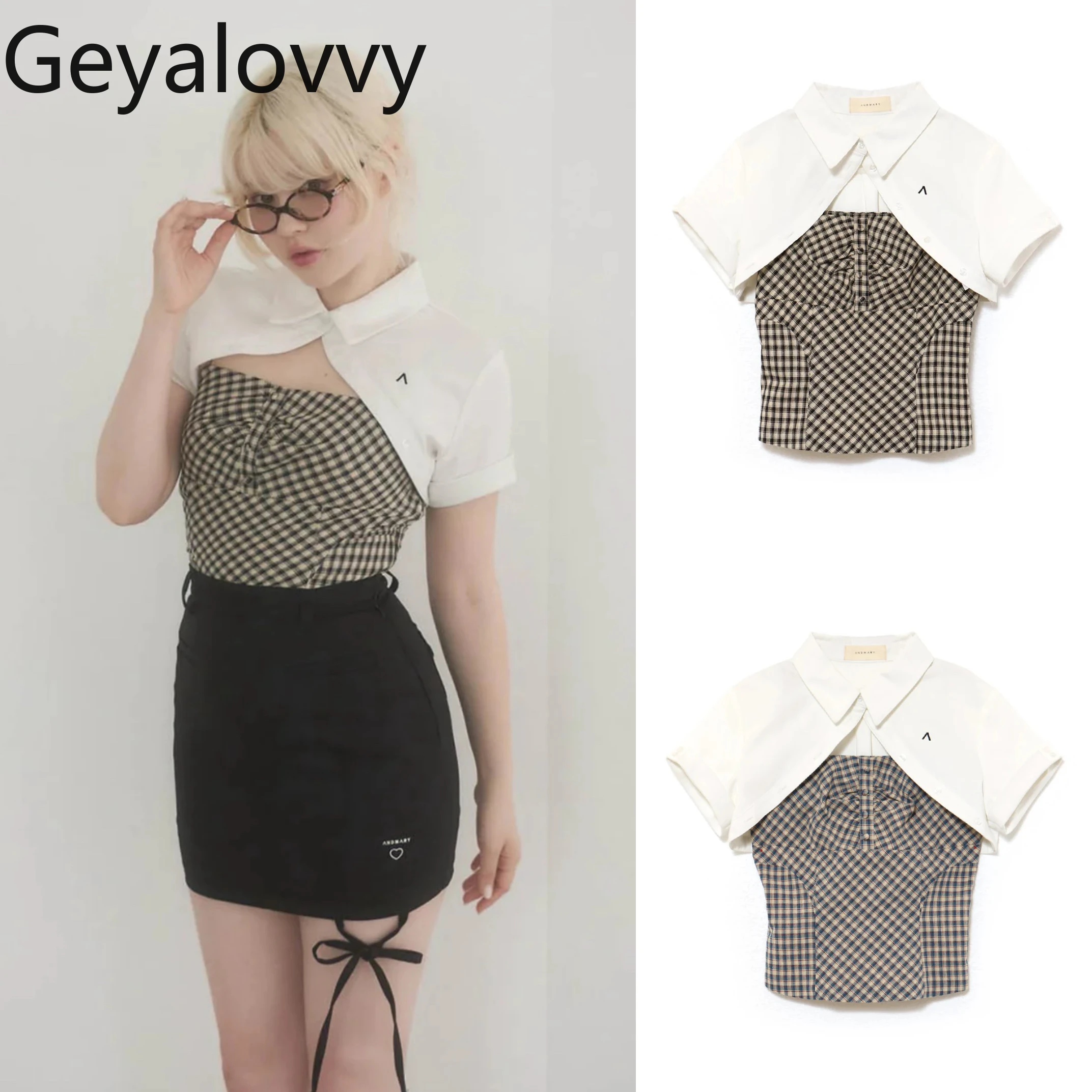 

Women's Tops Japanese Niche Design Sweet Girl Blouse Plaid Suspender Shirt Fashion Summer Short-sleeved Two-piece Top