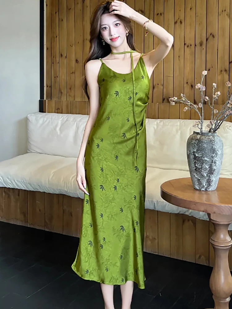 レディース グリーン プリント サテン シック スリング セクシー ロングドレス サマー プリーツ ボディコン ラグジュアリー ドレス 2025 韓国 ヴィンテージ エレガント イブニングドレス