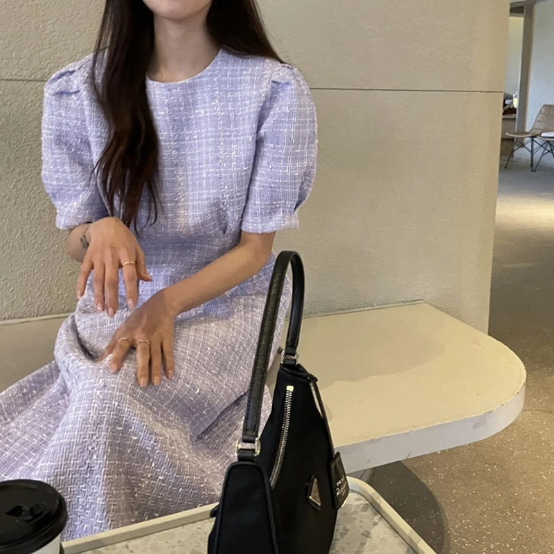 Elegant Tweed Midiชุดผู้หญิงวินเทจพัฟแขนสั้นสีขาวฤดูร้อนสุภาพสตรีเกาหลีเก๋สบายๆสายVestidosใหม่