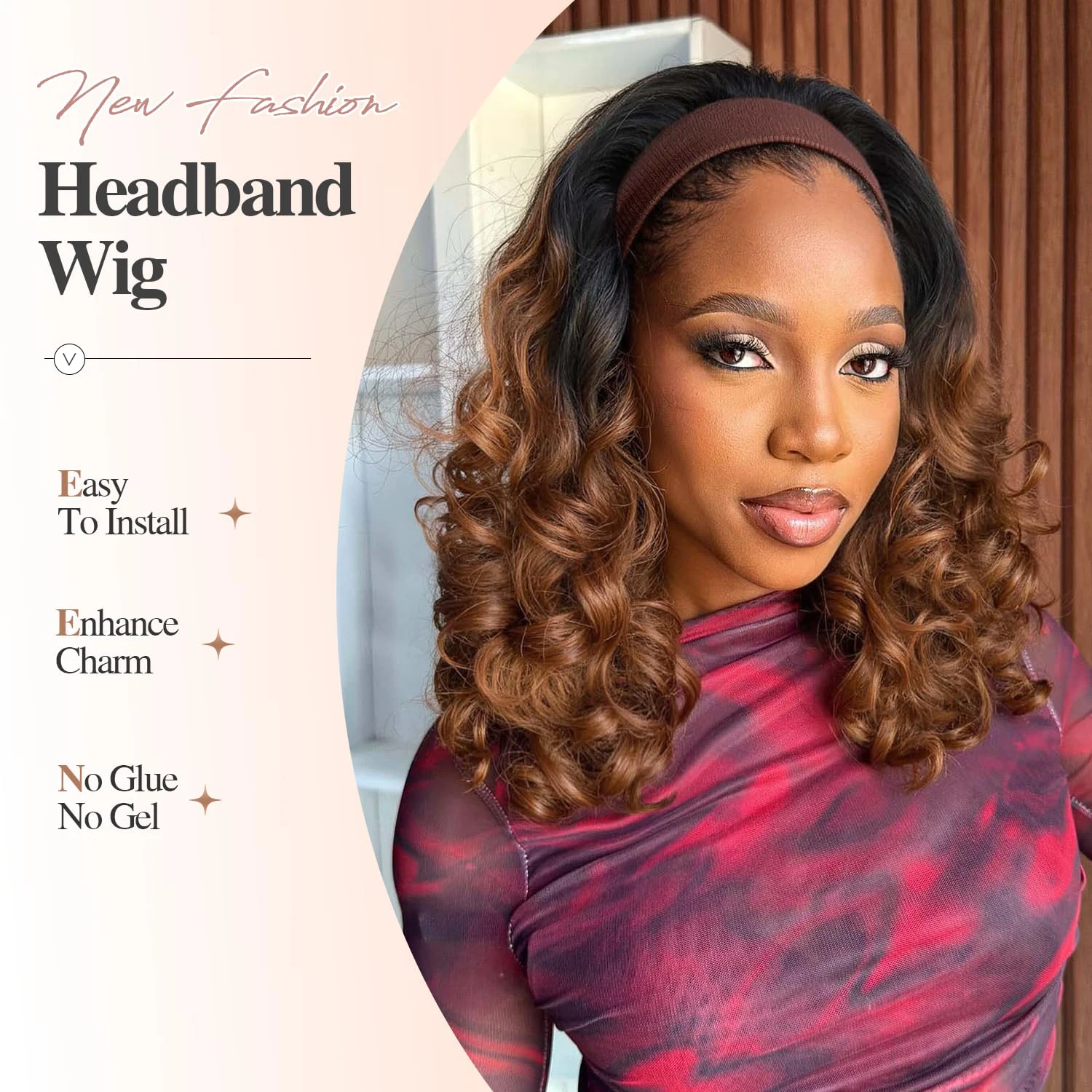 Yaki Curly Headband Wigs for Black Women Kinky Straight Ombre Brown Headband Curly Ends Synthetic Wear and Go Glue view 6