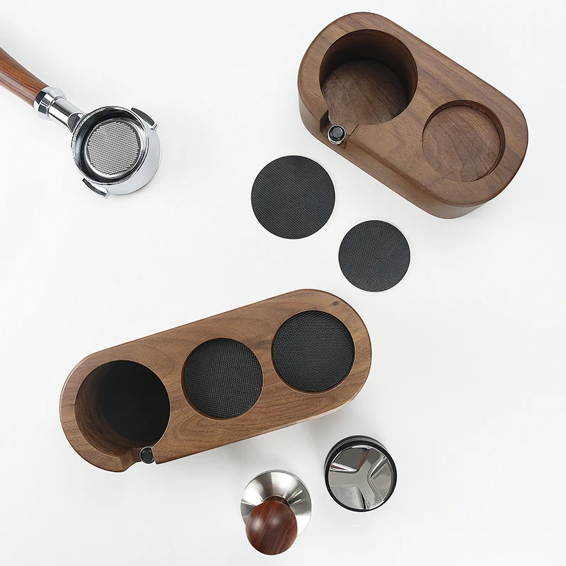 51mm/53mm/58mm Kaffee Filter Halter Tamper Stehen Buche Nussbaum Holz Espresso Distributor Matte Basis rack Für Barista Zubehör – Detail 20