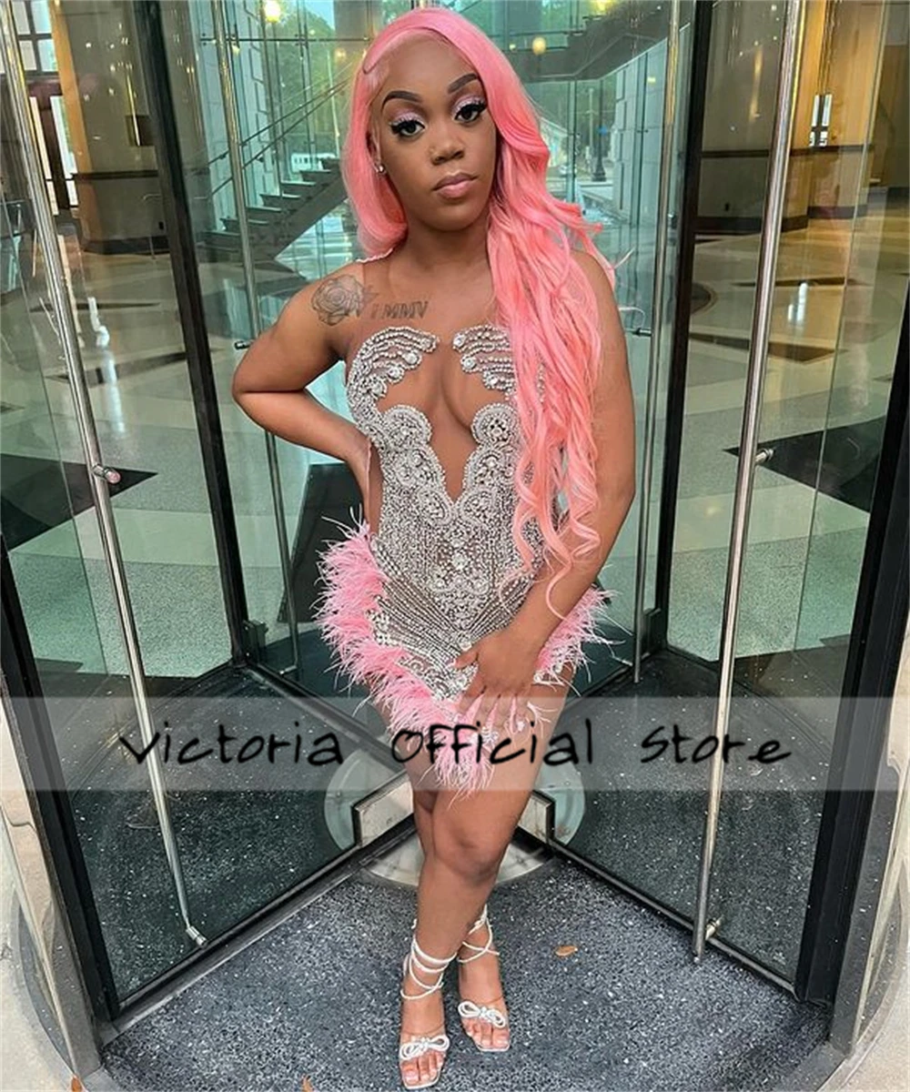 Pink Feathers Silver Rhinestone Prom Dress For Black Girls Sheer Mesh Mermaid Birthday Dress Luxury Sexy Mini Cocktail Customize