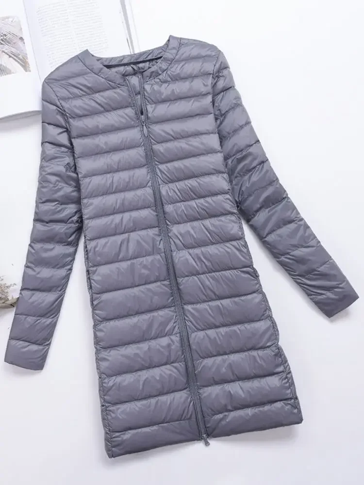 0-10℃ Women Winter Coat 2024 New Ultra Light Collarless Duck Down Jackets Slim Portable Female Long Puffer Down Coats Outerwear