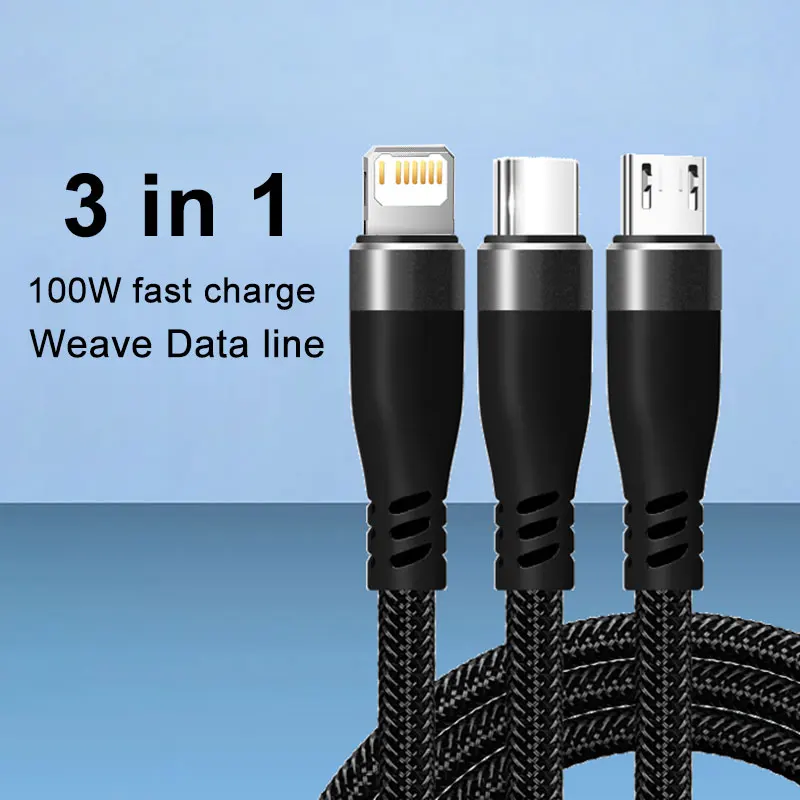 100W 3in1 USB Fast Charger Cable For iPhone 14 13 12 Pro Max Xiaomi Samsung Huawei Type C Micro For iPhone Charging Cable Wire