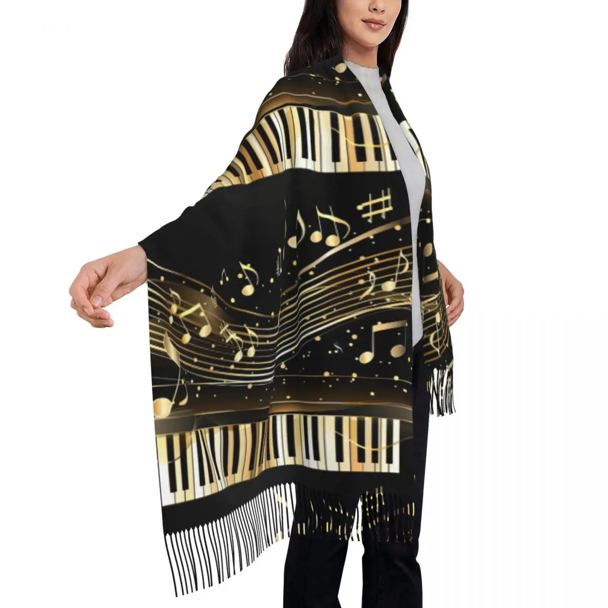 Music Note Piano Women's Pashmina Shawl Wraps Fringe Scarf Long Large Scarf