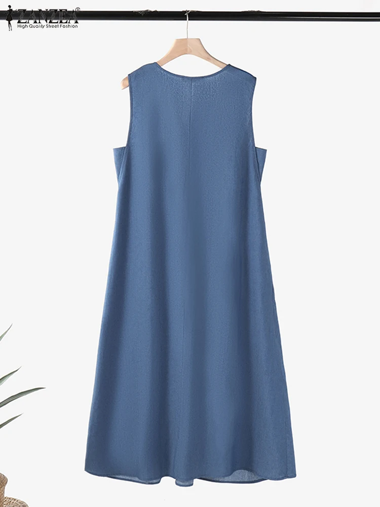 Zanzea casual feminino em camadas vestidos verão 2024 gola quadrada rua moda denim maxi vestido sem mangas estilo coreano vestido de verão