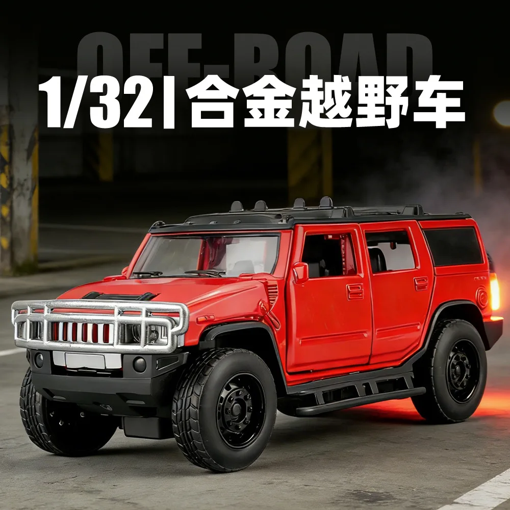

1:32 H2 Toy Car Models Alloy Diecast Off-road Vehicles Shock Absorption Doors Opened Sound Light Ornament for Kids Gifts