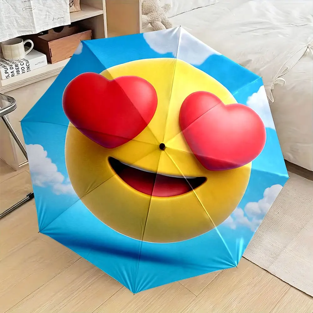 

Folding Umbrella with Heart Eyes Design - Automatic Open/Close, Compact Travel Umbrella with 8-Rib Sturdy Frame, Cute Face & H