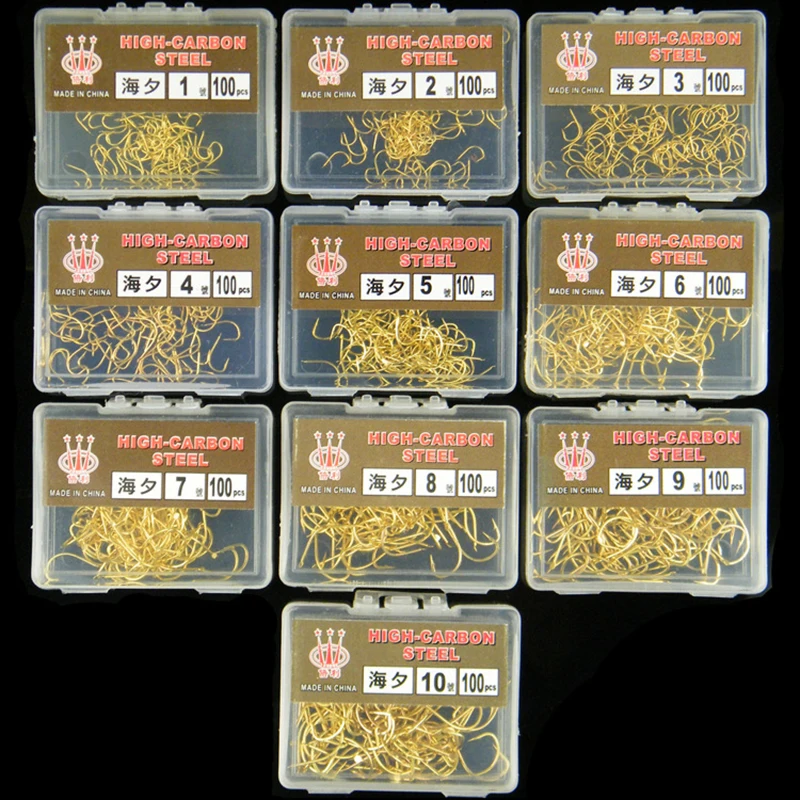 【100pcs Boxed Haiyu Fish Hooks Barbed Gold Hooks Wild Fishing Long Shank Black Pit Fishing Tackle Supplies】