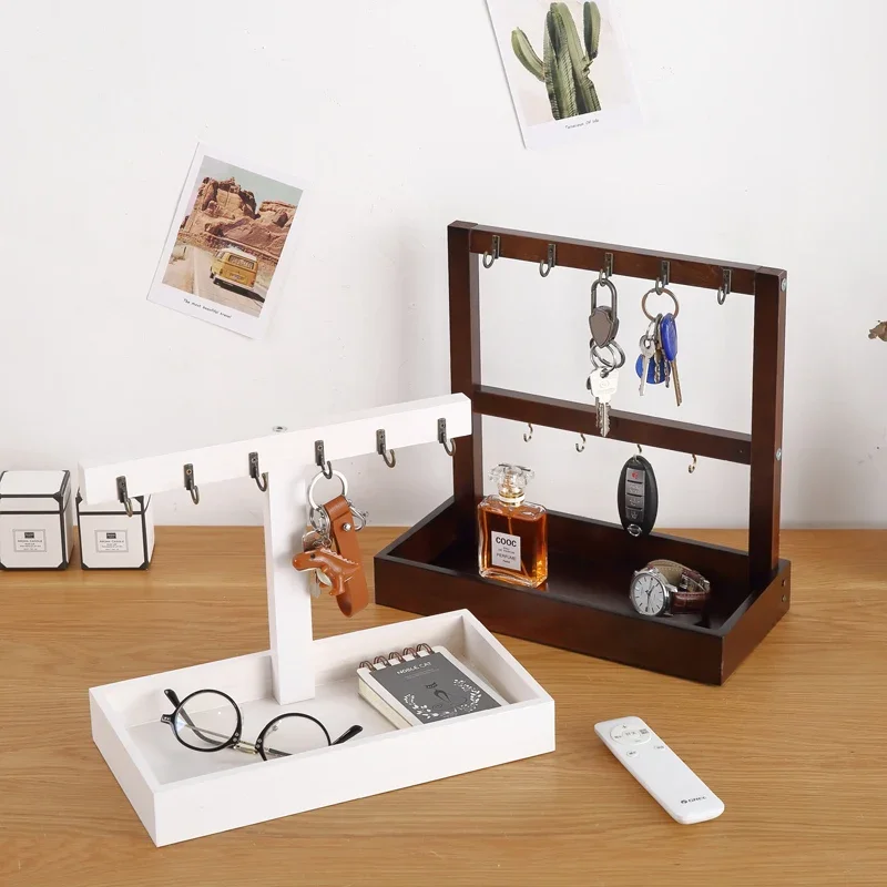 

Pine Storage Box with Metal Hooks - Creative Doorway Key Hook, Living Room Clutter Shelves, Desktop Wooden Organizer, Wall Shelf