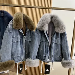 Nuovi vestiti invernali collo di pelliccia reale europea giacca di jeans staccabile in pelliccia di volpe manica lunga spessa allentata cappotti di jeans Streetwear caldi