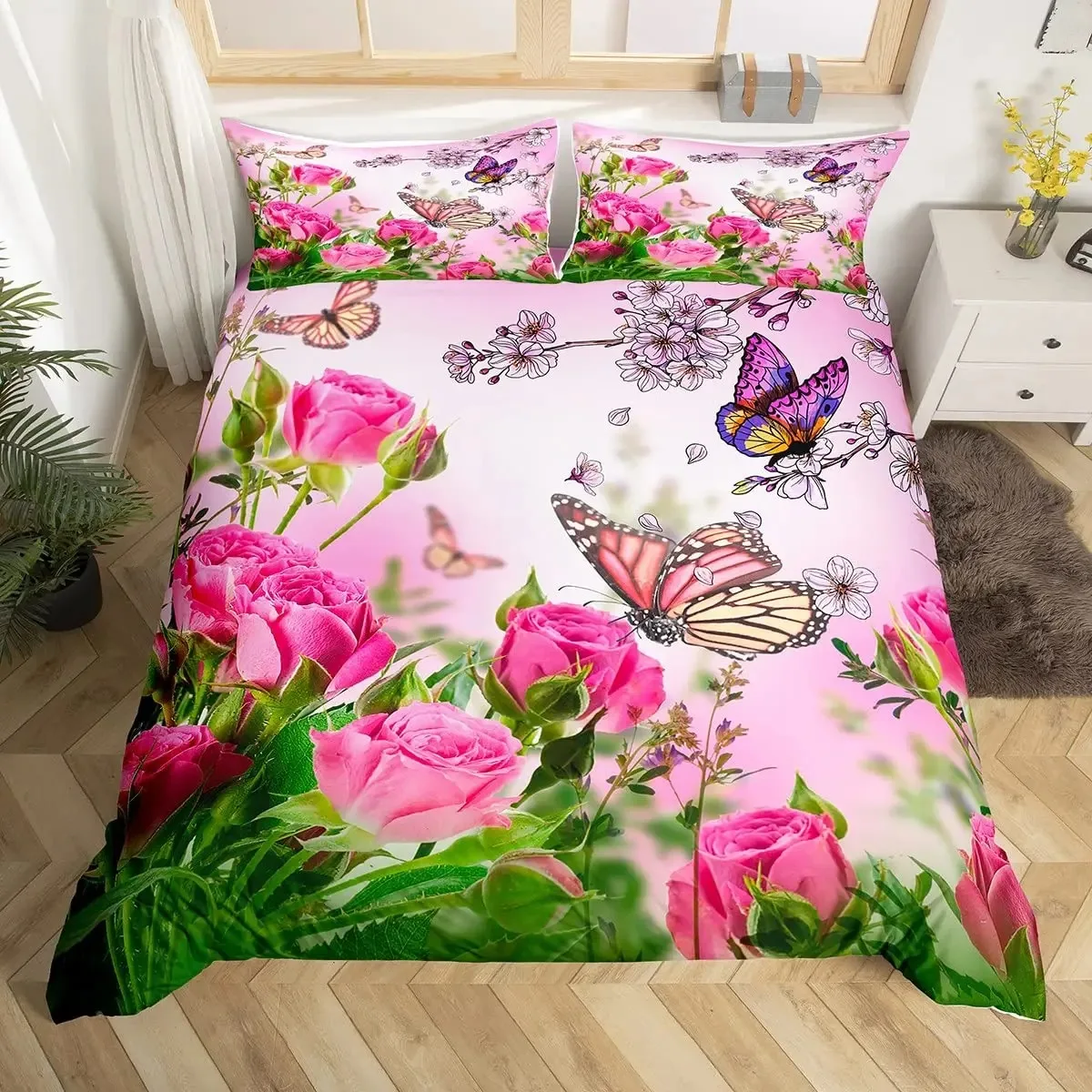 

Rose Flowers Duvet Cover Set Butterfly Garden Bedding Sets, Girls Women Spring Floral Fresh Nature Blooming Rose Comforter Cover