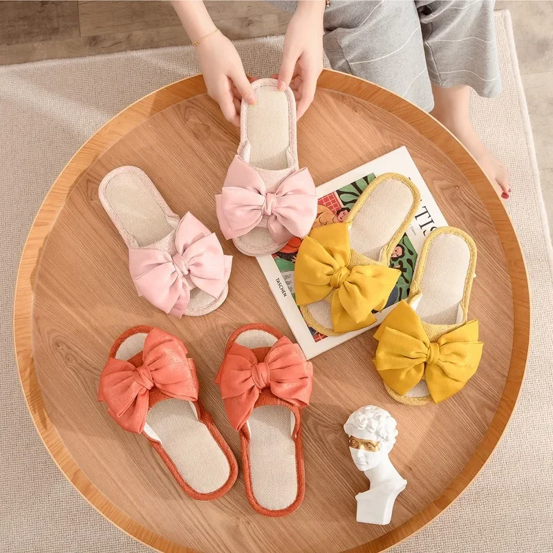 New 2024 Fashion Bow Linen Slippers Spring and Summer Indoor Open Toe Slippers Cotton Linen Women\'s Sandals