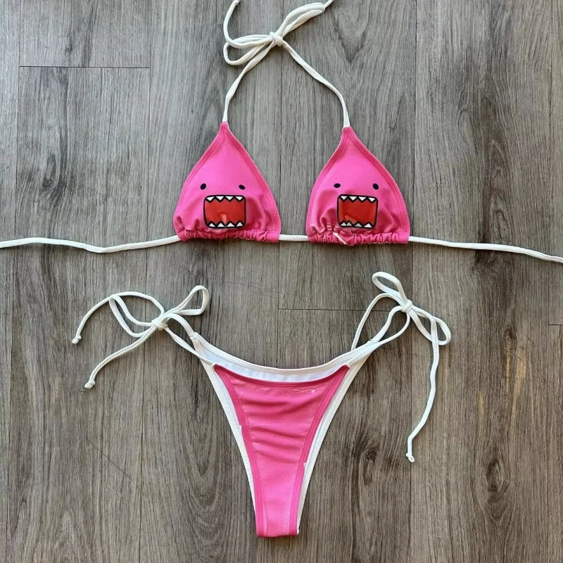 

Vacation Kawaii Cartoon Printing Trend Suspenders Hanging Neck Vest Shorts Two Piece 2000s Summer Aesthetics Beach Bikini Suit