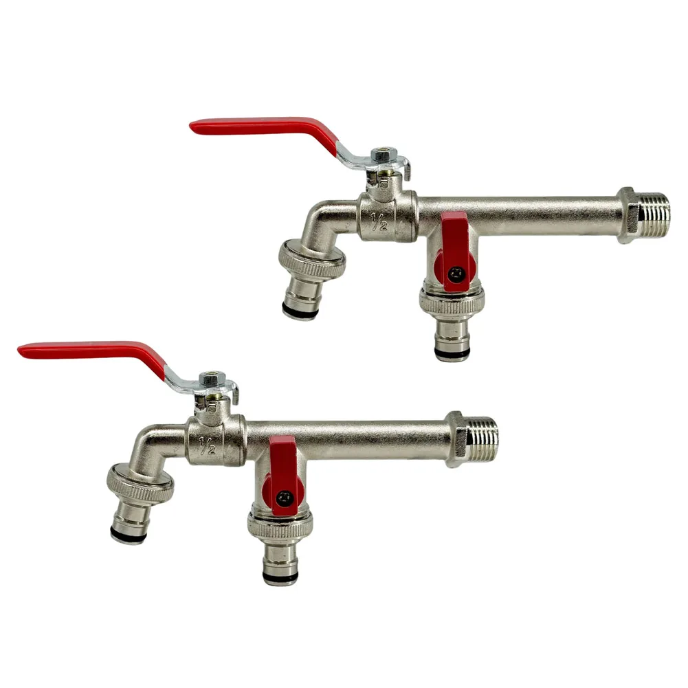Extended Reach Dual Outlet Faucet Made of Zinc Alloy for Outdoor Use with 1/2 Inch Garden Hose Connection and Two Handle Control