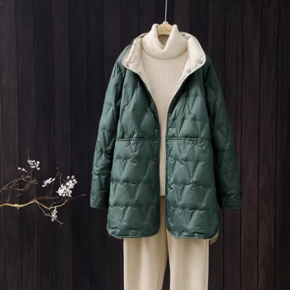 2024 New Autumn Winter Women Ultralight Long White Duck Down Jacket Female Single-Breasted Double Sided Puffer Jacket Women