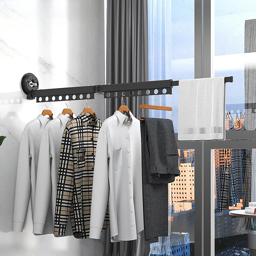 Folding Clothes Rack Aluminum Clothes Hangers Black Wall Mount Rack Drying Rack Sucker Install Clothes Home Laundry Clothesline