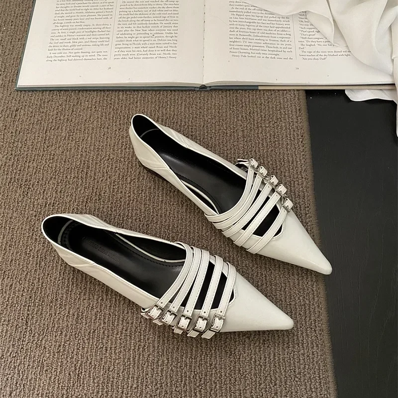 2024 Shoes for Women Pumps Low Heel Pointed Toe Goth Sexy Elegant Woman Heeled White Loafers Slip on New in Belt  35-41