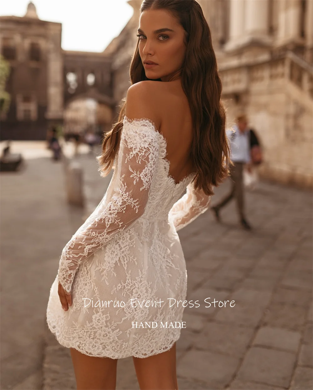 Dianruo Romantic Sweetheart Wedding Dress Above Knee Lace Vestido De Noiva Appliques Off Shoulder Bow Robes De Mariée Customized