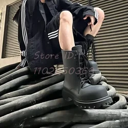 Black Matte Leather Thick-soled Work Boots Round Toe Cross-tied Mid-calf Boots 2024 new Men and Women Big Head Short Shoes