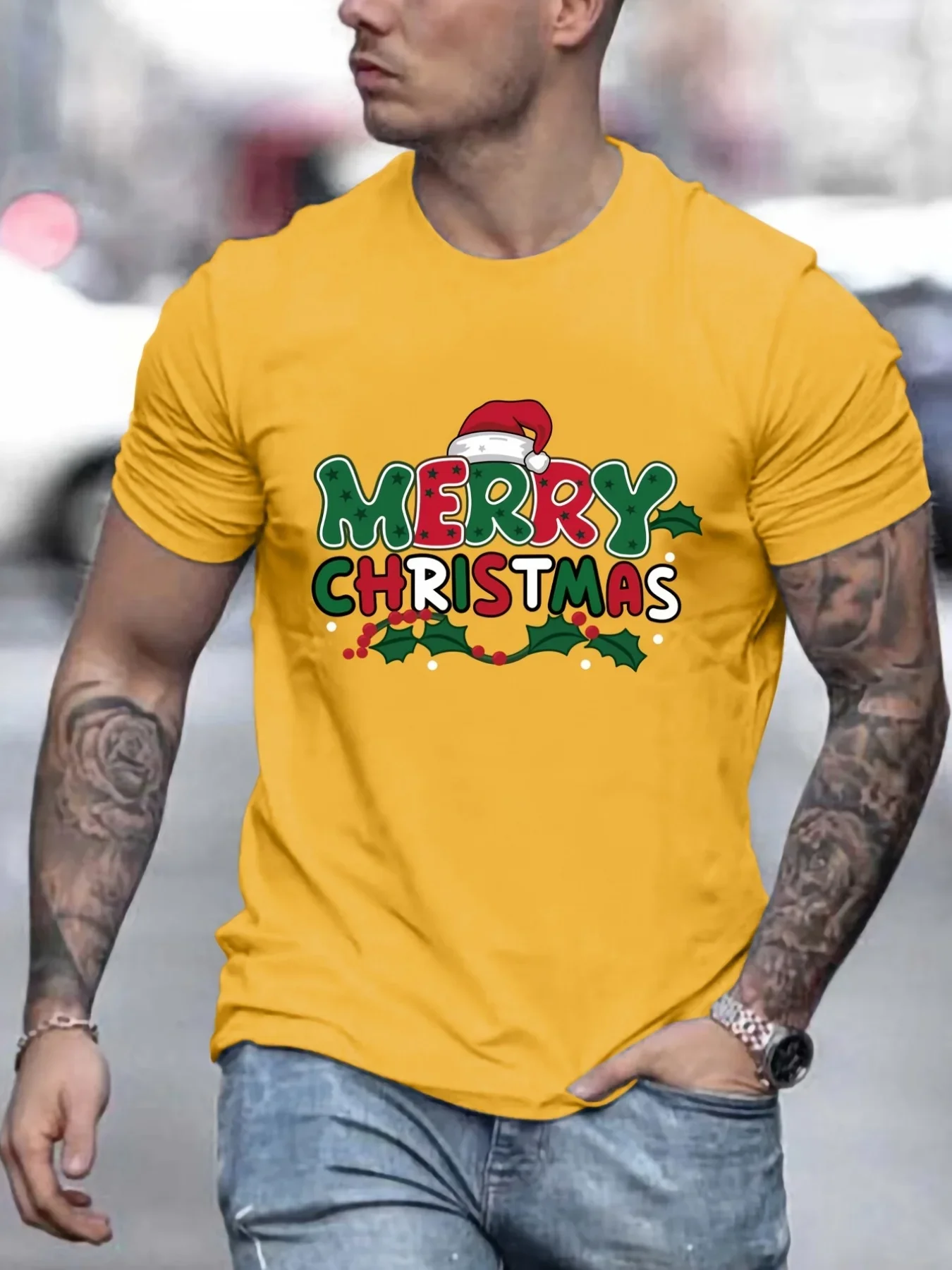 

Мужская ярко-желтая рождественская футболка MERRY CHRISTMAS с 3D принтом и дизайном шляпы Санта-Клауса, хлопковая футболка с короткими рукавами для праздничной вечеринки