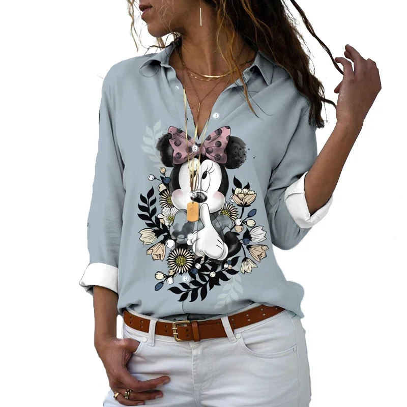 New 2024 Disney Harajuku Slim Fit 3D Printed Women Button Long Sleeve Lapel Mickey Minnie Donald Duck Casual Cute Shirt y2k