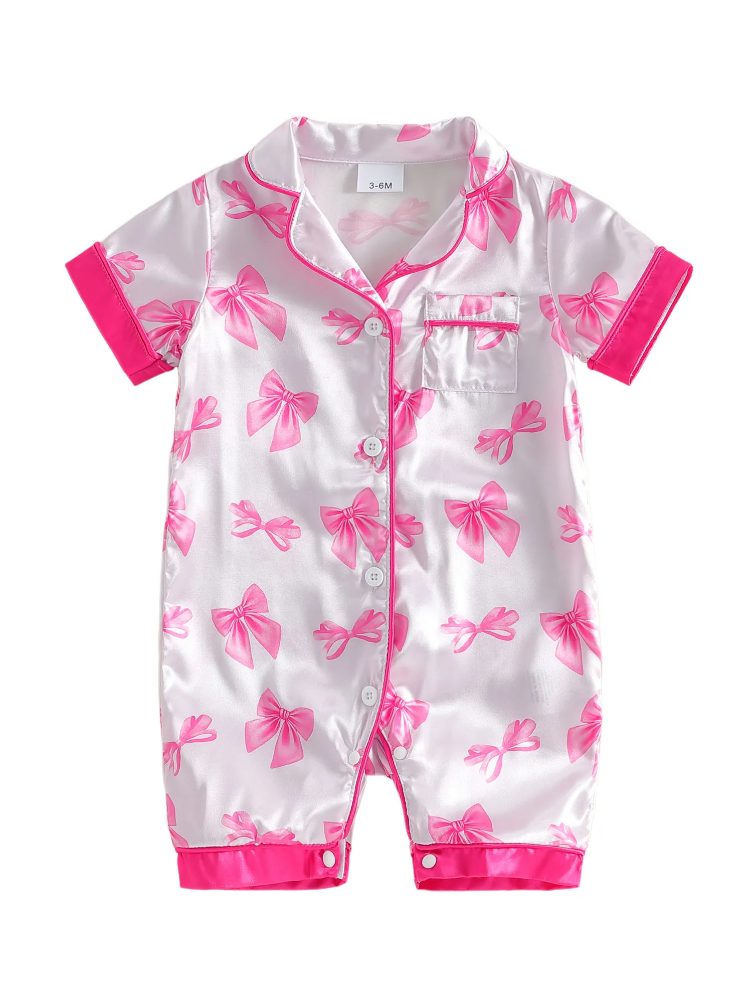 

Детская пижама с короткими рукавами, воротником-лацканом и принтом в виде бантиков — очаровательный комбинезон без ножек для новорожденных — комплект для сна