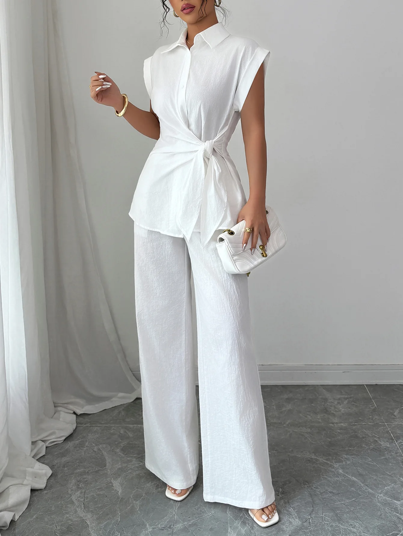 

Summer Women's Commuter 2-Piece Set with Collar, Strap, Waist, Button, Short Sleeve Shirt and High Waist Straight Leg Pants Set