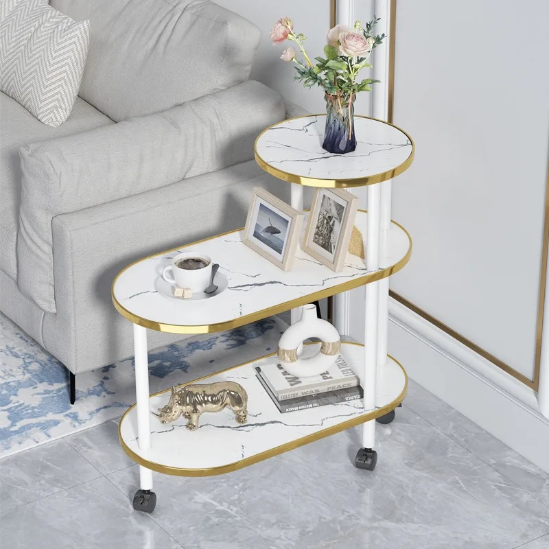 Solid wood sofa edge few with wheels movable trolley coffee table living room rock slab marble pattern edge cabinet tea cabinet