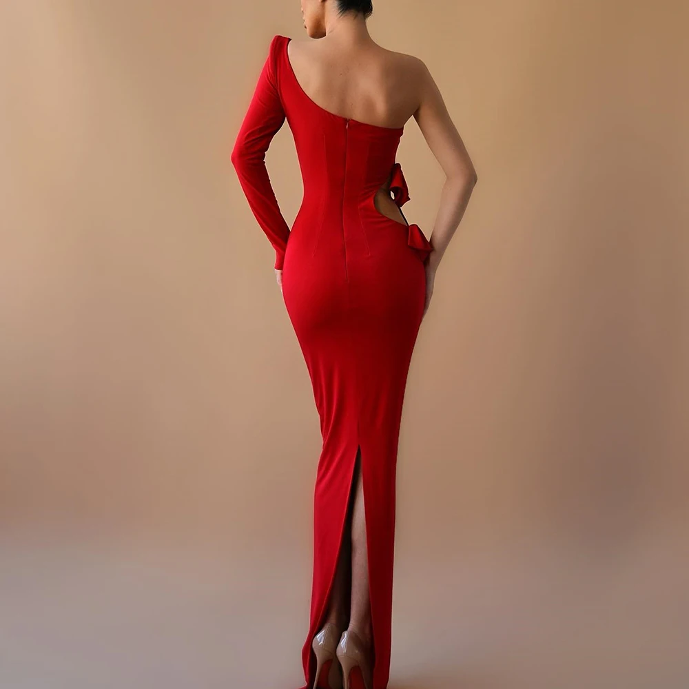 Customized Sexy Jersey Straight One Shoulder Evening Dress Delicate Long Sleeves Floor Length vestidos para mujer