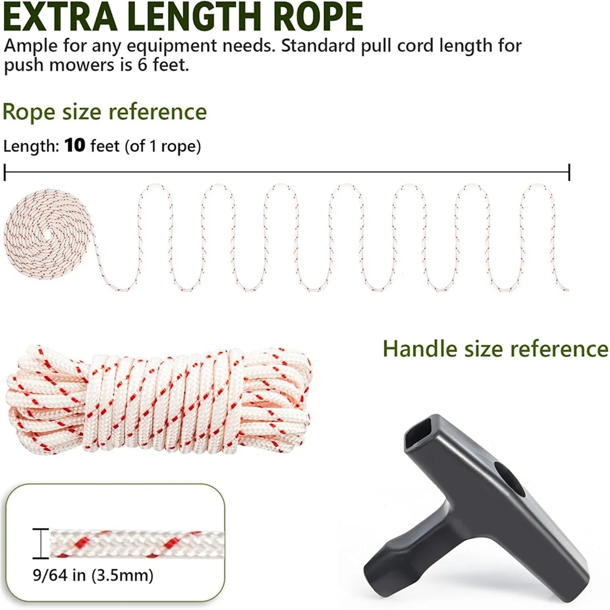 

A08R 3Pack 10 Ft X 9/64in(3.5mm) Pull Cord Rope with StarterHandle, Braided Ropes with High Tensile Strength for Lawn Mowers
