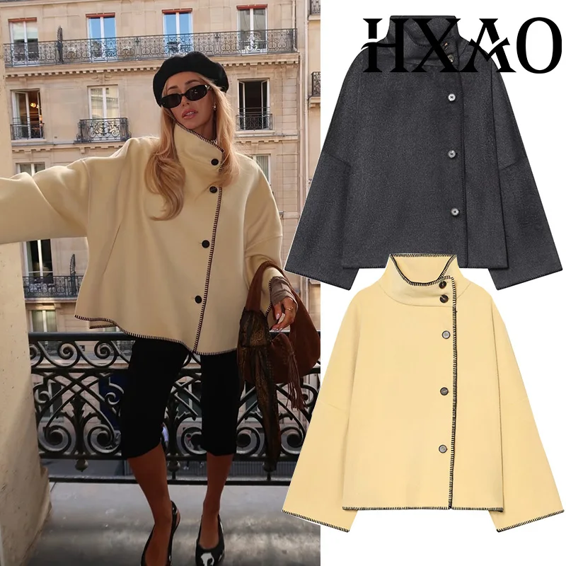 

HXAO Faux Wool Coats Demi-Season Cropped Coat Tweed Jacket Loose Long Sleeve Gray Jacket Winter High Neck Button Womens Coats