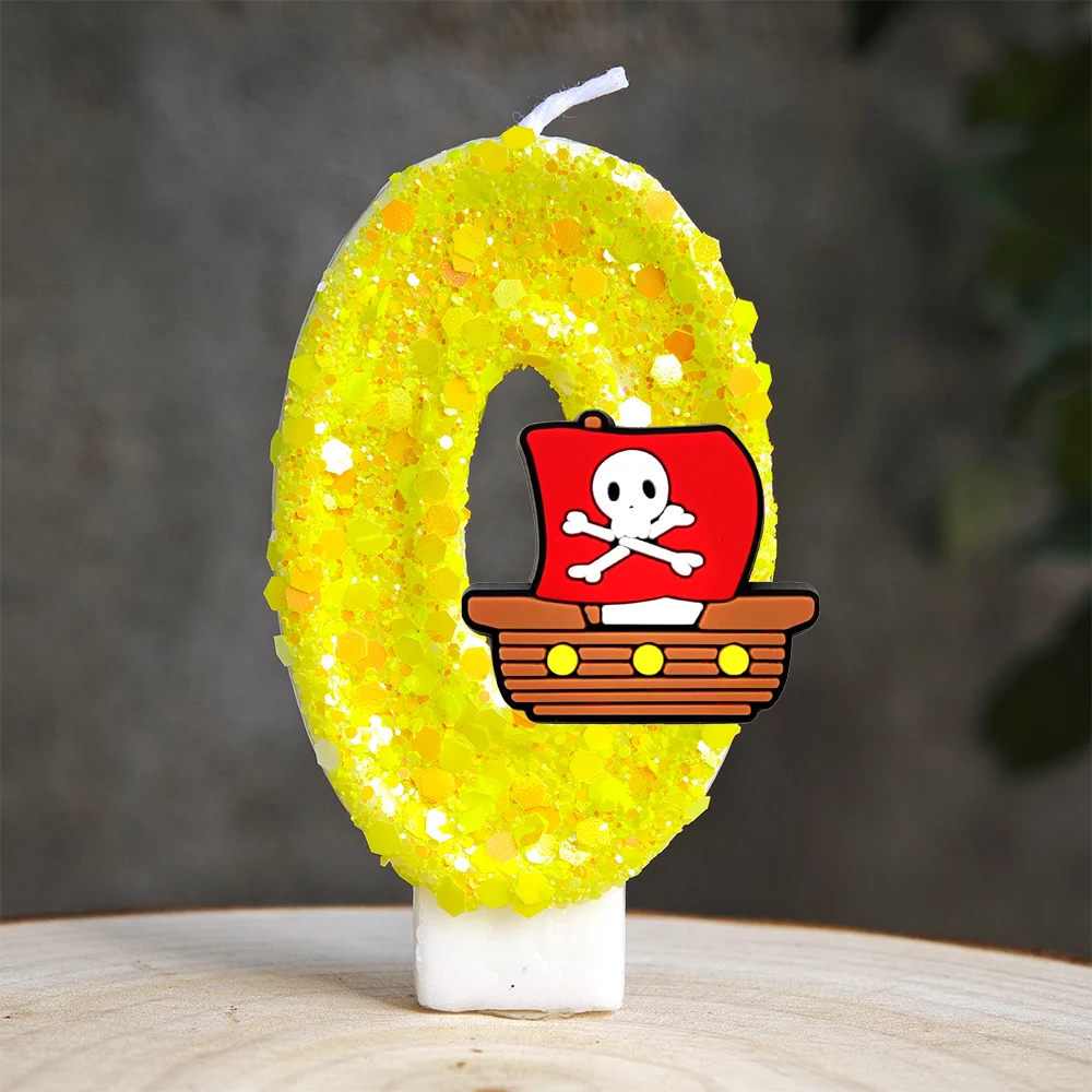 Sparkly Glitter Pirate Ship Number Birthday Candles Pirate Theme Cake Topper Decor for Birthday Party Baby Shower Supplies