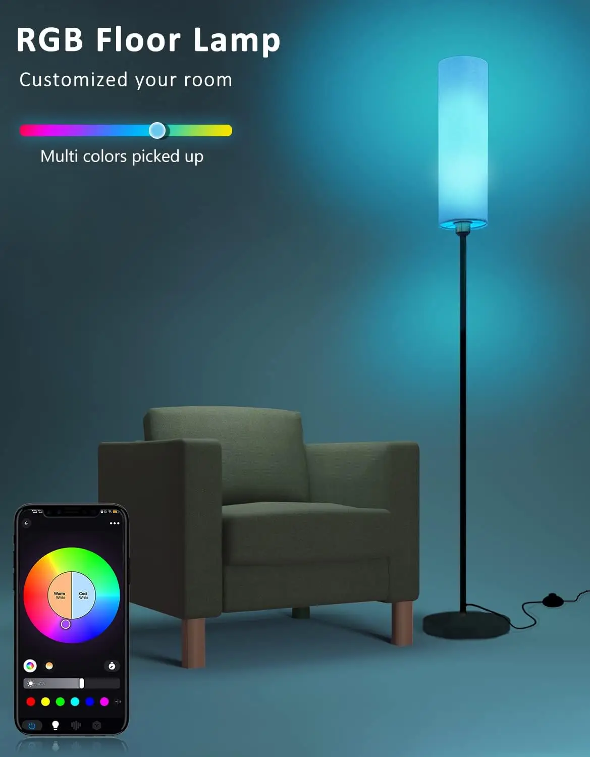 Smart Floor Lamp Works With Alexa & Google Home, Color Changing Stepless Dimmable For Living Room, Modern Standing Wifi Lamps