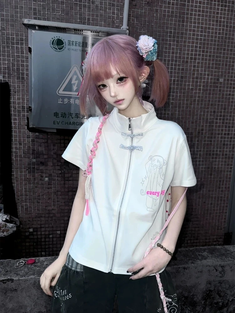 Japanese Subculture Women T Shirt Second Dimension Anime Print Short Sleeve Cardigan Y2K Pure Cotton Stand Collar Kawaii Tops