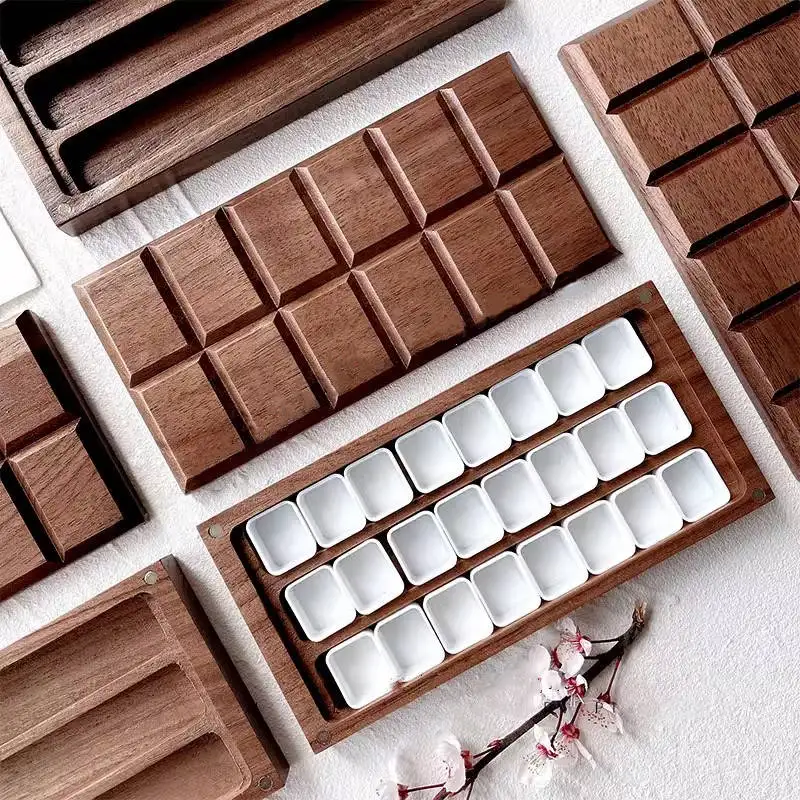 Walnut Watercolor Paint Box Storage Portable Wooden Professional Empty Watercolour Paint Palette Tray Art Painting Supplies