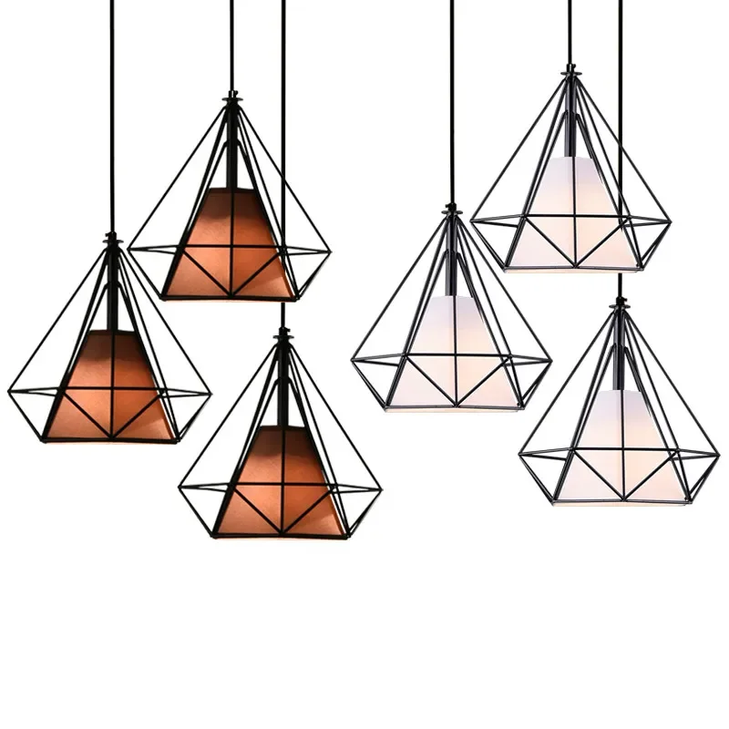 

Modern Iron Diamond Pendant Lights for Restaurant Bar Scandinavian Loft Metal Cage Pyramid Shade Lighting Kitchen