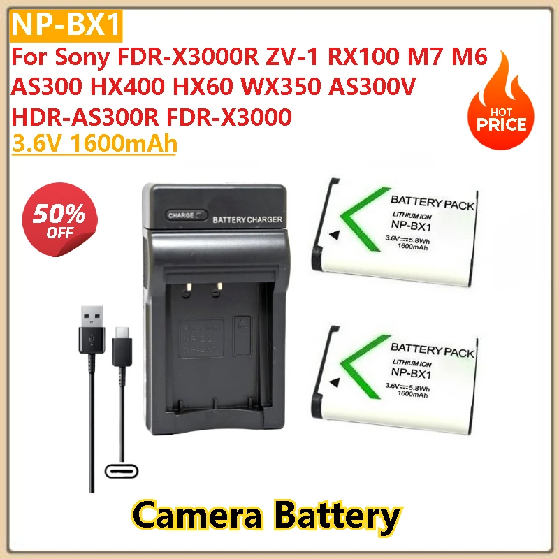 

NP-BX1 3.6V 1600mAh+ USB Charger Battery For Sony FDR-X3000R ZV-1 RX100 HX400 HX60 WX350 AS300V M7 M6 AS300 HDR-AS300R FDR-X3000