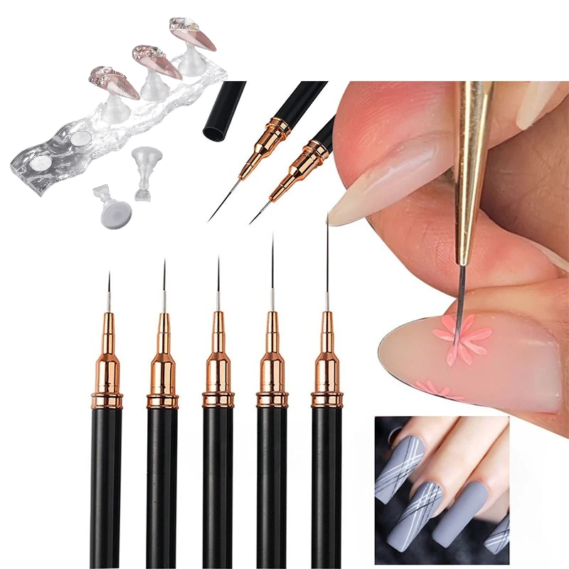 Premium Metallic Nail Art Brushes Set (5Pcs) with 1PC Display Stand - UV Gel Polish Painting Tools for Long Lines & Fine Details