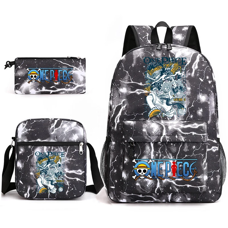Mochila Escolar con Estampado de Anime de One Piece Luffy, Juego 3 en 1, Bolsa de Hombro, Estuche para Lápices, para Niños y Niñas
