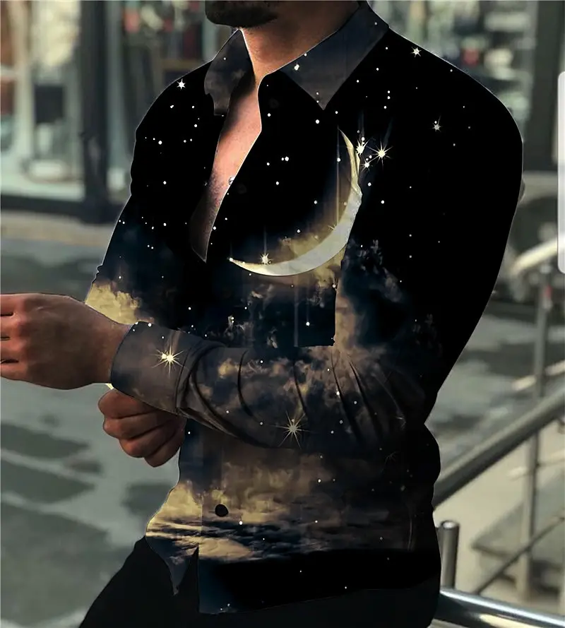 Céu estrelado e lua camisa de manga longa masculina impressa high-end luxuoso e confortável lapela topo elegante casual camisa masculina