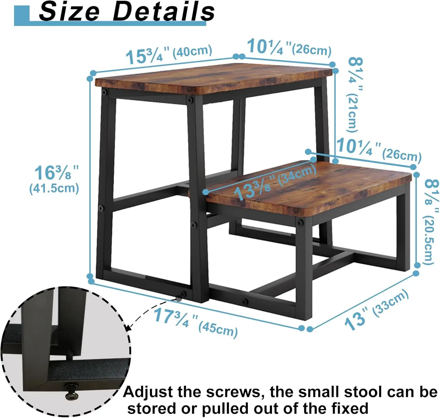 Step Stool for Adults & Kids,Holds up Duty Sturdy Wooden 2 Stepstool for Bathroom/High beds, Metal Frame, Non-Slip Pads