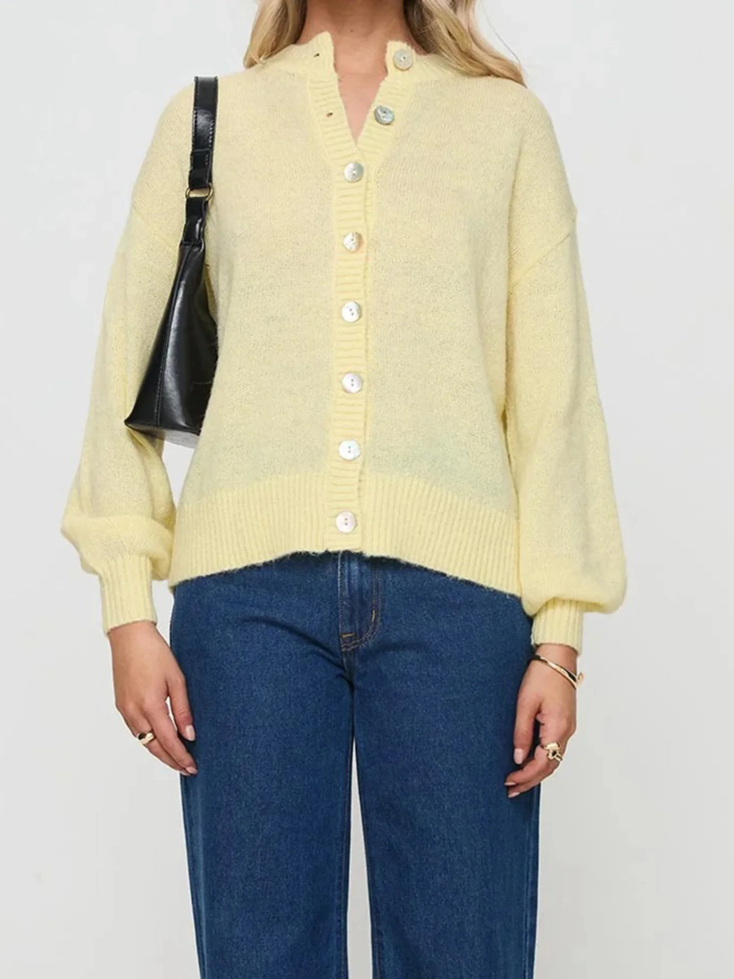 

Stylish Women s V-Neck Button Up Knit Cardigan Sweater with Long Sleeves and Loose Fit - Solid Color Fashion Trend