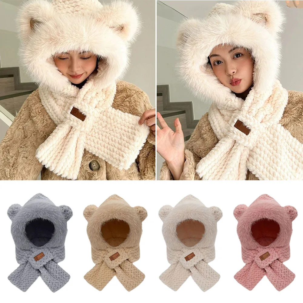 Knitted Fleece Cross Scarves Winter Ear Protection With Neck Protection Hat Scarf Set for Women Warm Knit Fleece Lined Cycling