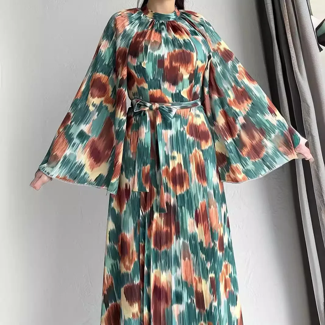 Muçulmano novo floral impressão com cinto longo moda vestido alargamento mangas meia gola modesto vestido de noite vestido Jakarta