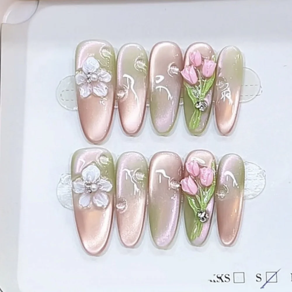 

10pcs Summer Sweet Handmade Fake Nails Diamond Gradient Green Long Oval False Nail Tips Flower Tulip Decor Design Press on Nails