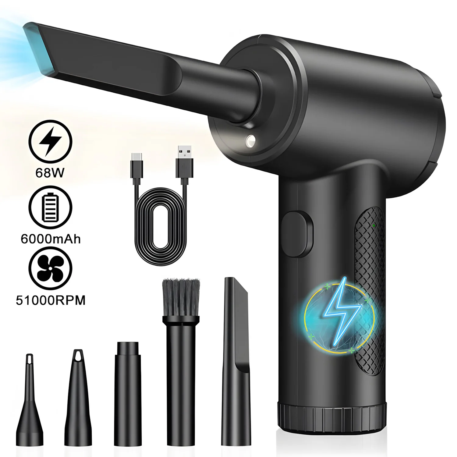 Electric Air Duster 6000mAh Rechargeable Cordless 3 Speed Adjustable Up to 51000RPM with LED Light Portable Powerful Air Blower for Computer Keyboard PC Laptop Electronics Dust Cleaning Home Office Car Use Tool